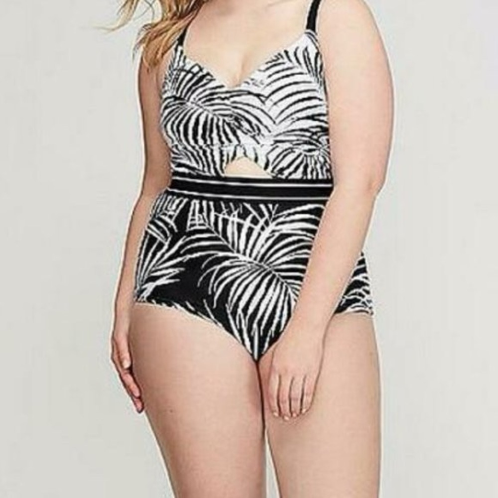 Swim by CACIQUE Plus Palm Leaf Print One Piece Swimsuit Black White Cut-out
